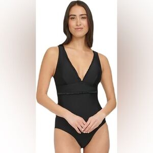 NWT Tommy Hilfiger Ruffle Trim One Piece Black Swimsuit